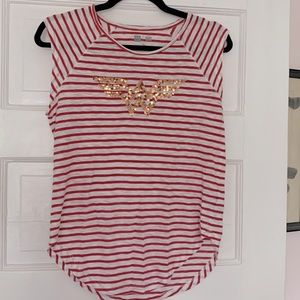 GAP Women’s Red & White Striped Wonder Woman Gold Sequin Cap Sleeve T-Shirt XS